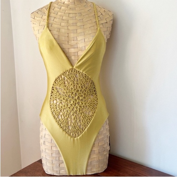 Frankie’s Bikinis Poppy One Piece Crochet Swimsuit Yellow Gold Rope Tie - Picture 4 of 12